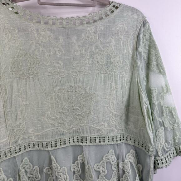 Bohemian Crochet Mesh Ultra Pink Top Large Mint Green Bell Sleeve Embroidered - Picture 9 of 13